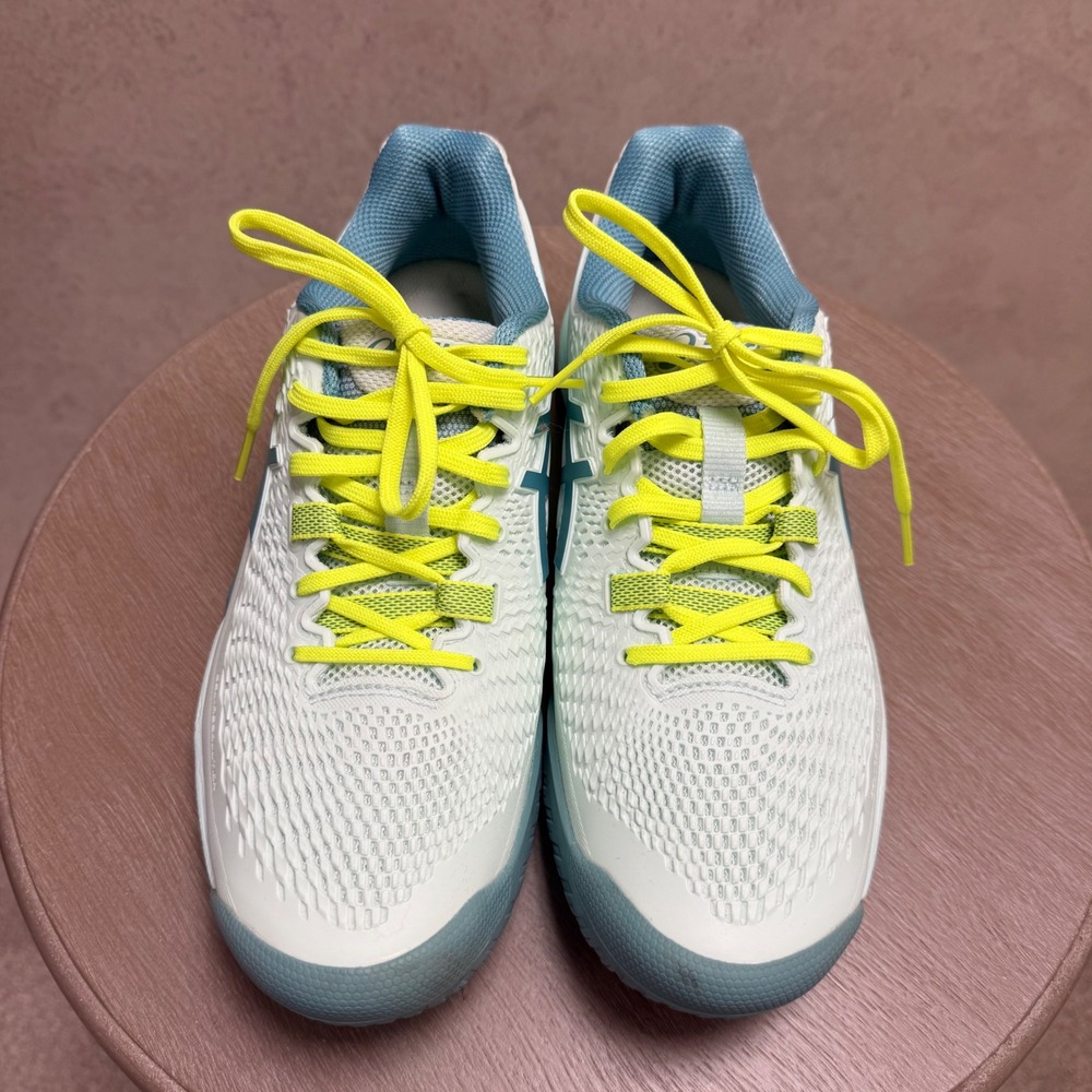 Asics Gel-Resolution 9.5 Women's White Blue Yellow Tennis Pickelball Sneakers